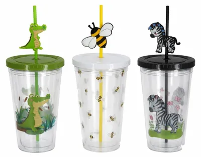 Productafbeelding van Kinder Drinkbekers met Rietje en Deksel – Set van 3 – 250 ml – Dieren Design (Krokodil, Bij & Zebra) – Herbruikbare Kinderbekers