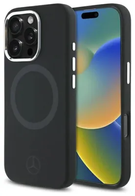 Obrázok produktu pre Pevné silikónové puzdro Mercedes MEHMP16L23SUTTK pre iPhone 16 Pro (6,3 palca), čierna farba s potlačeným logom MagSafe