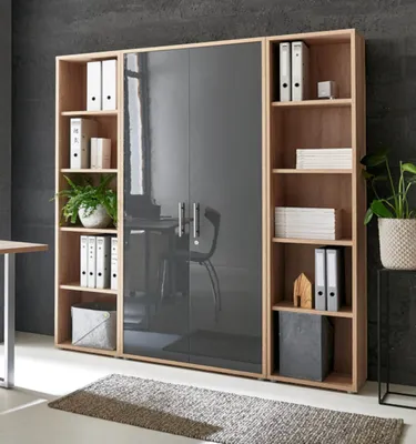 Produktbild von Aktenschrank TABOR 3 in Eiche Sonoma / anthrazit Hochglanz, Schrankwand, Büroschrank, abschließbar, Metallgriffe