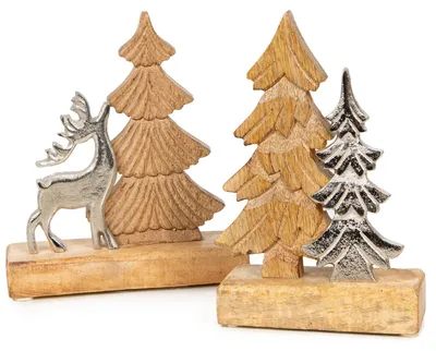 Produktbild von Weihnachtsdeko Set Weihnachtsbaum + Hirsch aus Holz & Metall 16 x 18 cm