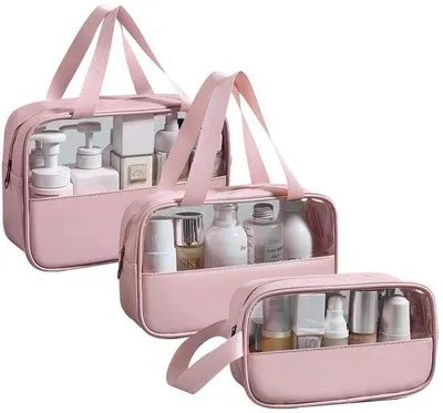 Immagine prodotto di Borse da viaggio leggere in PVC per cosmetici, 3 pezzi, impermeabili, rosa