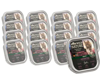 Produktbild von Dehner Wild Nature Katzenfutter Heidetal, Nassfutter getreidefrei / zuckerfrei, für ausgewachsene Katzen, Kaninchen / Huhn, 16 x 100 g Schale (1.6 kg)