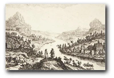 Produktbild von Kunstdruck „Fluss zwischen Felsenhängen“ von Jan van Almeloveen – 20×30 cm – ungerahmt