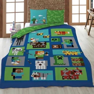 A Minecraft-themed duvet cover and pillowcase set laid out on a bed.