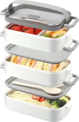 Produktbild von Bento Box, Lunch Box für Erwachsene, Kinder Brotdose mit 4 Fächern, 2.25L-3 Lagige-lunchbox mit Löffel und Gabel, Auslaufsichere Brotdose Bento Box Erwachsene Edelstahl BPA-frei PP für Arbeit Schule