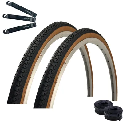 Produktbild von 2 x Roverstone Fahrradreifen 27 x 1 3/8 (37-630) Schwarz/Braun + 2 x passende Schläuche AV inkl. Reifenheber