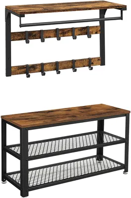 Immagine prodotto di VASAGLE Appendiabiti da parete, panca porta scarpe, mensola da parete con ripiano e 10 ganci, scaffale per scarpe a 3 ripiani, contenitore, struttura in metallo, per corridoio, ingresso, design industriale, marrone vintage-nero LCR173B01