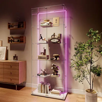 Produktbild von Glasvitrine - Stehende Vitrine für das Wohnzimmer - 2 Türen - Schloss - 5 Einlegeböden - Weiß mit LED-Lichtleiste