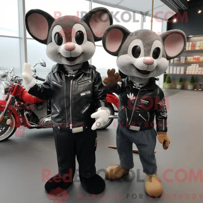 Produktbild von Maus REDBROKOLY Maskottchen Kostüm Charakter gekleidet mit einer Bikerjacke und Schnürsenkeln