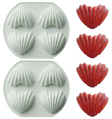Image de Moule en silicone pour madeleines, 4 cavités, design en forme de coquillage, couleur bleue, dimensions : 14,6 x 12,7 cm