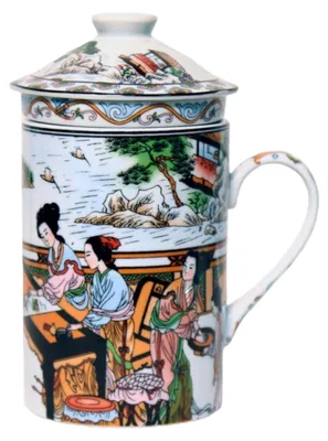 Produktbild von Keramik Teetasse mit Deckel + Sieb für Losen Tee mit Asiatischem (Mädchen, 047), Asiatisches Motiv, Porzellan, Tee-Becher