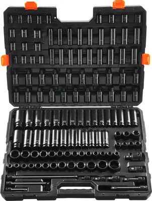 Produktbild von VEVOR Schlagschraubensatz Steckschlüsselsatz 3/8 Zoll & 1/2 Zoll Antrieb 130 tlg. SAE & metrischer Steckschlüsselsatz, 6-Kant Cr-Mo Legierungsstahl für Auto-Reparaturen mit Aufbewahrungskoffer
