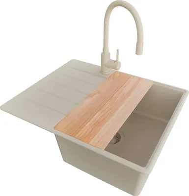 Produktbild von PRIMAGRAN Granitspüle Beige 62x50cm, Spülbecken 1 Becken + Küchenarmatur 38x14cm + Ablauf-Set + Schneidebrett, Küchenspüle ab 45er Unterschrank - Kopenhagen
