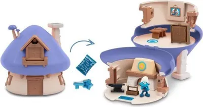 A toy playset depicting a Smurf house that opens up to reveal interior details and a Smurf figure.