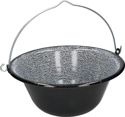 A black enamel cauldron with a silver interior and a metal handle, isolated on a white background.