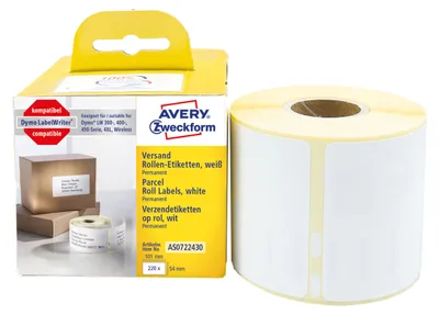 Produktbild von Avery Zweckform AS0722430, Rollen-Etiketten, 54 x 101 mm, 220 Etiketten / 1 Rolle, weiß