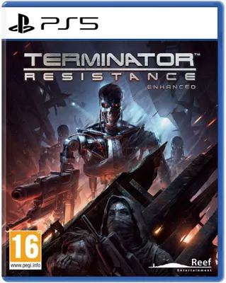 The image is a video game cover for Terminator: Resistance Enhanced on PS5. It features a Terminator robot in the foreground with other robots and humans in the background, set in a post-apocalyptic environment.