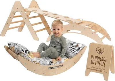 Produktbild von '- Handmade 5in1 Montessori Kletterset: Kletterdreieck, Kletterbogen mit Kissen & 2in1: Rutsche Indoor/Klettern Rampe | Holz Klettergerüst Indoor Spielgeräte & Spielplatz
