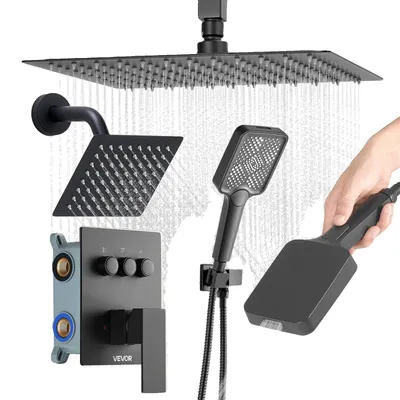 Immagine prodotto di Set di sistemi doccia VEVOR con sistema doccia a pioggia da 12 pollici / soffione a parete da 6 pollici / doccetta 4 in 1, doppio soffione a pioggia rotante (3 funzioni), valvola in ottone e set di pannellature, nero opaco