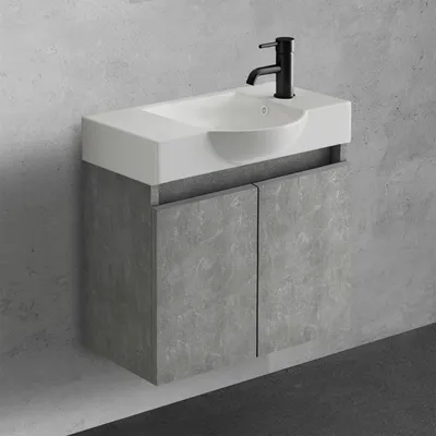 Produktbild von Alpenberger Waschbecken mit Unterschrank 55 cm | Gäste WC Waschtisch hängend vormontiert | Keramik Waschbecken + Softclose Badmöbel Set Cement