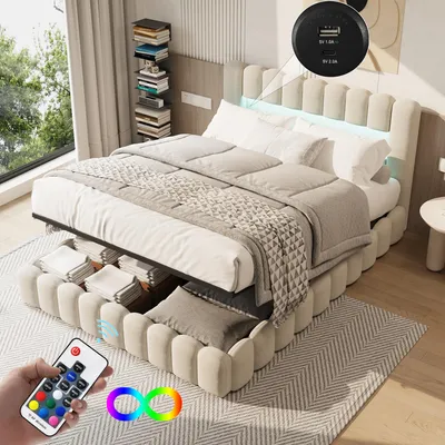 Produktbild von SUNFECILI Polsterbett 180x200 cm,Boxspringbett 180x200,mit Lattenrost,Weicher Rückenlehne und Kopfteil,USB,LED,Doppelbett,Baumstumpfbett,Leinen,Beige