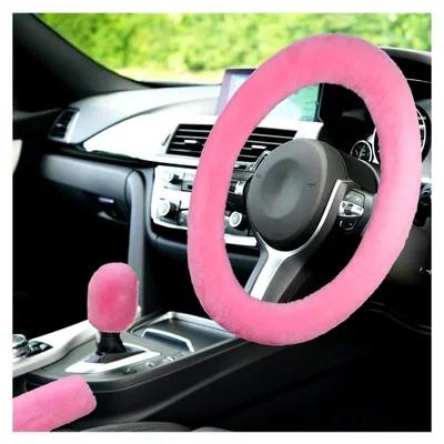 Produktbild von Lenkradbezug Plüsch, Universal Lenkradhülle Fell, 3 Stück Auto Lenkradabdeckung Winter Handbremse Und Lenkradschoner Auto Zubehör, Teleskop Lenkradschutz Warm 38cm (Rosa)