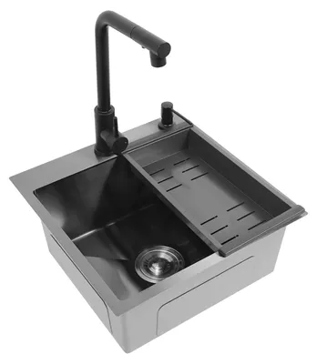 Obrázek produktu pro Dřez do kuchyně – jednodřez – nerezová ocel – výsuvná baterie 60 cm – nano povrchová úprava – dva otvory – 45 x 45 x 18 cm – černá barva