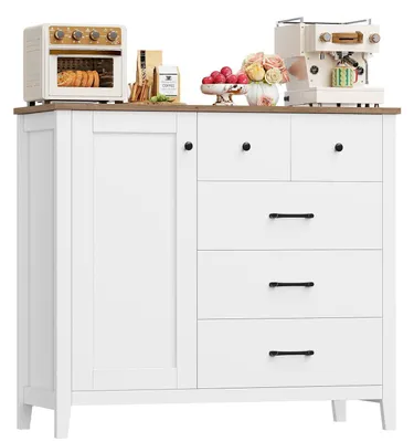 Zdjęcie produktu dla Szafka kuchenna, komoda z 5 szufladami i 1 drzwiczkami, wymiary: 100x94x40 cm, kolor: biały + brązowy