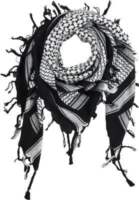 A black and white keffiyeh scarf with tassels.