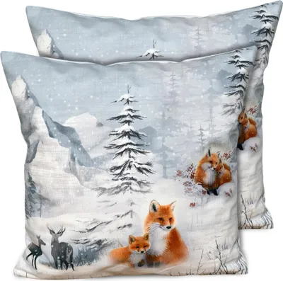 Produktbild von 2er Set Kissenhüllen 40x40 cm Winterwald mit Fuchs, Hirsch als Deko