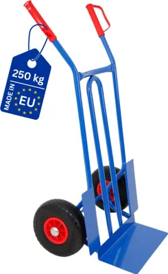 Produktbild von Stahlrohr-Sackkarre RHINO mit XL Schaufel, gebogenen Streben & pannensichere PolyurethanBereifung | Traglast 250kg | HxBxT 104x60x50cm | Blau | Transportkarre Staplerkarre