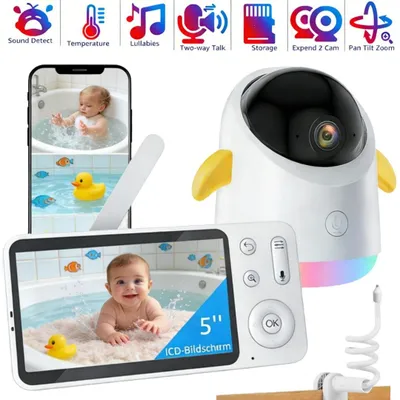 Image de Babyphone avec application caméra et écran de contrôle de 5 pouces, veilleuse, PTZ 355°/60°, détection des pleurs/mouvements/bruits via smartphone, avec support pour babyphone