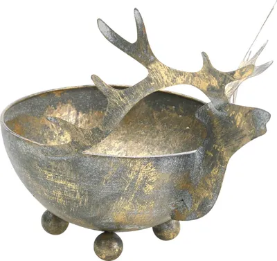 Produktbild von Weihnachtliche Schale mit Rentierkopf, Antik-Optik, goldfarben, Metall Ø14cm, Deko-Geweih für Tischdeko