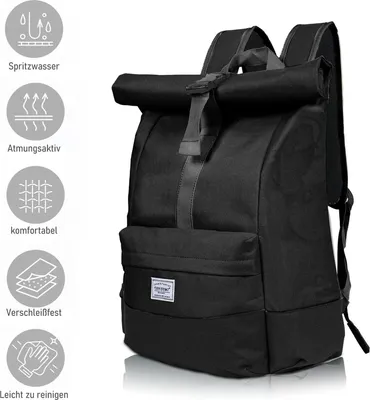 Produktbild von TAN.TOMI Rolltop Rucksack 15,6 Zoll Laptopfach Schwarz Wasserabweisend 25-40L