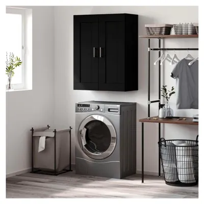 Produktbild von Wandschrank, Hängeschrank mit 3 Fächern und 2 Türen, Wandmontage Badezimmerschrank, Aufbewahrungsschrank für Wohnzimmer und Schlafzimmer, Schwarz Holzwerkstoff