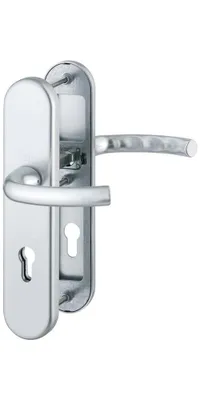 A silver-colored door handle set with a keyhole.