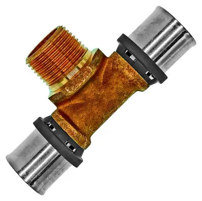Produktbild von T-Stück mit 1 1/4" Rohr Zoll Außengewinde AG für 32,0 x 3,0mm Mehrschicht-Aluminium-Verbundrohr Außendurchmesser x Wandstärke Pressfitting aus Messing TH U-Profil Kontur