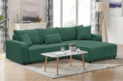 Image de 290 cm Canapé d'angle PRIMO forme L Canapé rembourré avec fonction de couchage Tissu velours côtelé Canapé-lit d'angle pour le salon, Tissu : poso 14 - vert