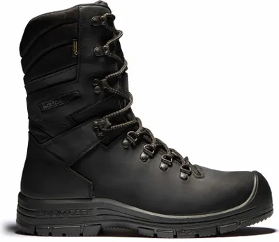 A black, high-top work boot is shown against a white background.