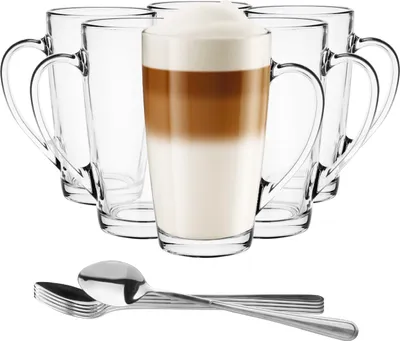 Produktbild von Glasmark Krosno Latte Macchiato Gläser Cappuccino 6er mit 6 Langlöffel Dessertgläser Kaffeegläser Glühweingläser Glühweintassen Groggläser 6x 300 ml