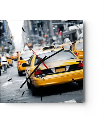 Produktbild von Wanduhr - Quadrat - Glasuhr - Taxi Straße New York - 30x30cm - Schleichendes Uhrwerk - Lautlos - zum Aufhängen bereit - Dekoration Modern - Wanddekoration aus Glas - C3AC30x30-2663
