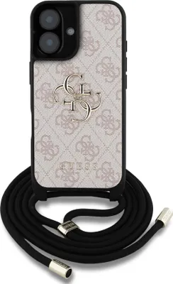 Imagen del producto de Funda para iPhone 16 en rosa con logo metálico de Guess, modelo Polyurethan4G, con correa para llevar al hombro