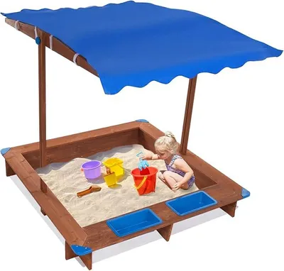 Produktbild von Sandkasten mit Abdeckung, 126x121x118cm Holz Matschküche mit PE-Gewebe und PVC-Bodenmatte, Sandbox Sandmuschel mit Einstellbar Dach Geeignet 3-14 Jahre Kinder für Terrassen, Spielplätze, Blau