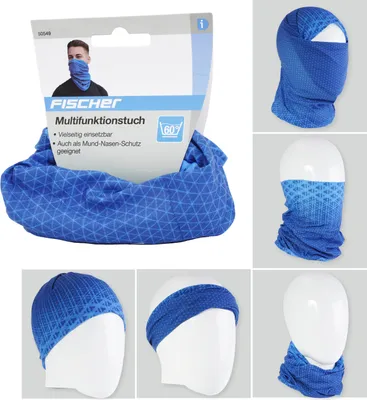 A collage of images showing a blue multifunctional scarf from Fischer, including its packaging and various ways it can be worn.