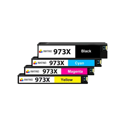 A stack of four ink cartridges, each labeled with brand and color.