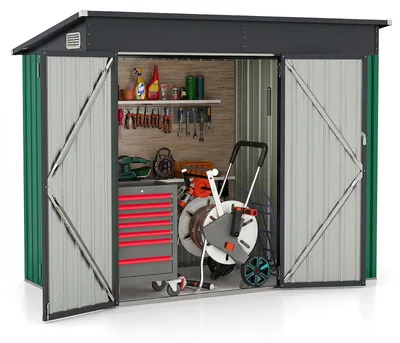 Produktbild von COSTWAY Gartenhaus Metall, Geräteschuppen abschließbar 4,8m³, Gerätehaus mit Vordertür, Seitentür & Pultdach,Gartenhütte,Garten Schuppen 235x117x185cm