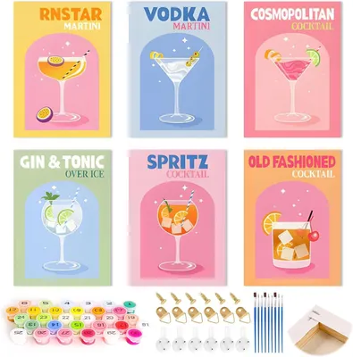 Productafbeelding van 6 stuks Schilderen op nummer Cocktails met lijst, paint by numbers DIY Cocktails Schilderen op nummer voor volwassenen met penselen en acrylverf