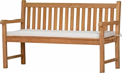 A wooden bench with a white cushion on a white background.