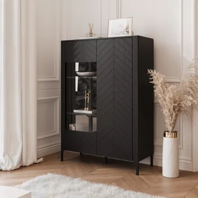 Image de IDOHOME - Vitrine à deux portes LORIEN 103 cm, noire, vitrine en verre, meuble de salon, meuble en verre, meuble de rangement, fermeture en douceur