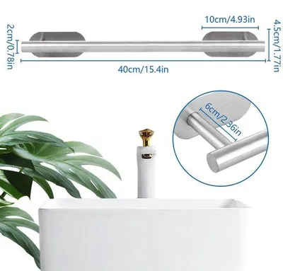 Immagine prodotto di Portasciugamani autoadesivo in acciaio inossidabile SUS304, finitura spazzolata, 40 cm (40x8x4,5 cm) – resistente alla ruggine e alla corrosione, senza necessità di foratura, ideale per bagno e cucina